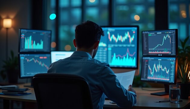 Zoomed in shot of a hedge fund manager reading a market report, back view.