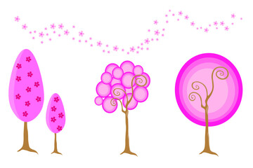 Cute pink sakura air set. Four elements are isolated on  white background. Collection is decorated with flowers and petals of Japanese cherry. Spring composition. Beautiful atmospheric ornament.