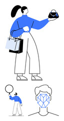 Woman holding teapot while carrying shopping bags, man floating holding balloon, digital face pattern representing biometrics. Ideal for retail, identity verification, creativity, lifestyle