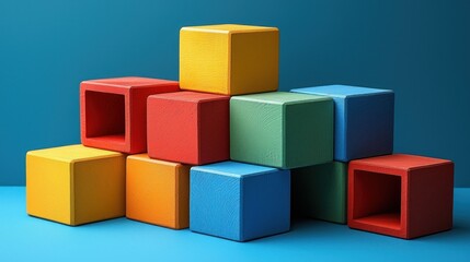 Obraz premium Colorful Wooden Blocks Pyramid Structure on Blue Background