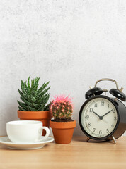 Coffee cup, alarm clock and succulents showing time management and cozy interior design