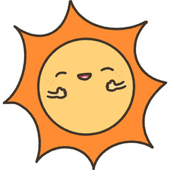 Doodle cartoon happy sun character.