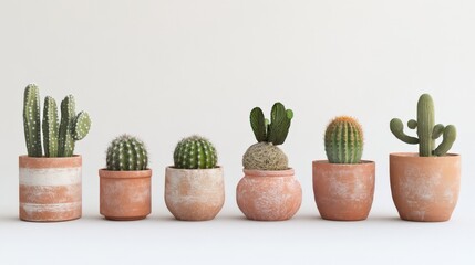 Fototapeta premium Several different cacti varieties potted neatly on a clean white surface
