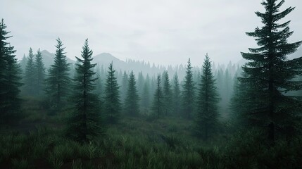 Misty morning in a coniferous forest nature scene gigapixel quality serene environment atmospheric view