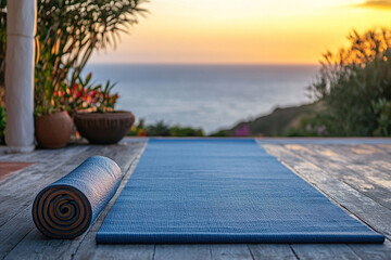 Yoga Mat at Sunset on a Deck Overlooking Ocean