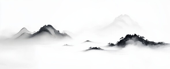 Misty Mountainscape in Ink Wash Painting
