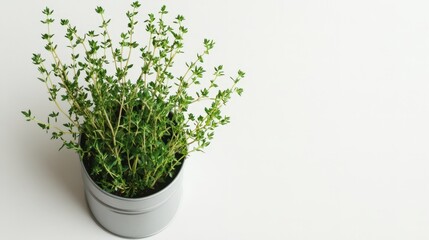 Fototapeta premium A small potted herb plant with lush green foliage grows
