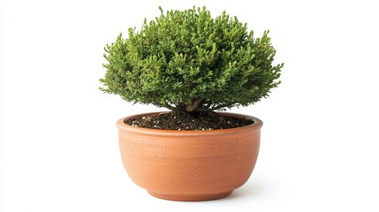 Fototapeta premium A small green bonsai tree potted in a terracotta container