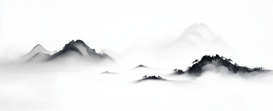 Misty Mountainscape in Ink Wash Painting