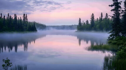 Fototapeta premium lake at dawn with mist rising from the water, surrounded by trees and soft pink sky reflecting on the surface 