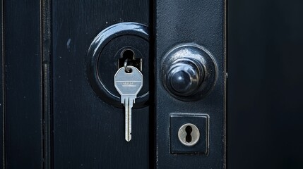 Close-up of a key in a black door lock