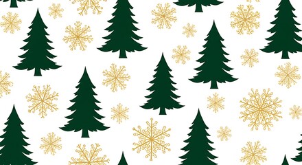 Winter Wonderland Pattern Green Trees Gold Snowflakes AI Generated