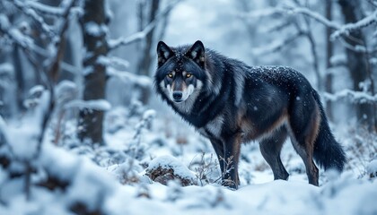 Fototapeta premium Wolf Standing Alert in Snowy Forest Landscape on a Winter Day