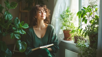 A woman sits peacefully by a sunlit window, journaling in a notebook with a pen—fully immersed in a moment of gratitude. 