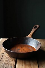 A Rustic Cast Iron Skillet with a Sprinkle of Spice on a Weathered Wooden Surface