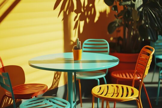 Colorful chairs and table in a cafe.