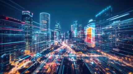 Futuristic depiction of a vibrant cityscape at night with lights