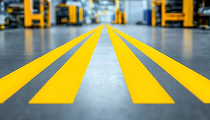 Yellow safety lines on a factory floor, guiding movement in a busy work environment, emphasizing clarity and order in industrial design. 