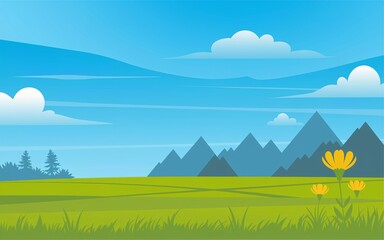 Fototapeta premium travel Doodle, Sunny meadow landscape with mountains