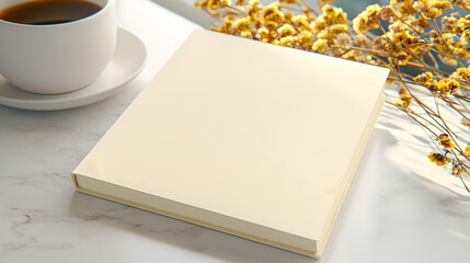 Cream Book Mockup on Marble Surface with Coffee and Flowers
