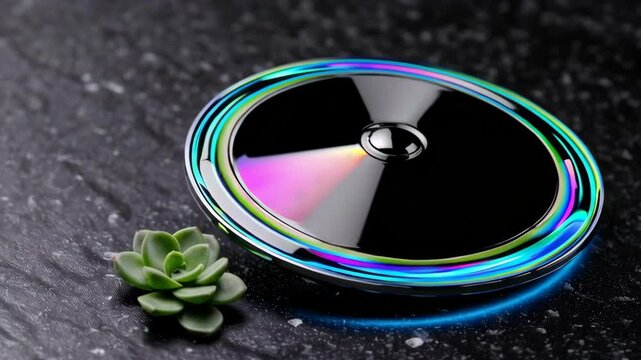 Wireless solar charging disc with iridescent glow resting flat on black granite next to small succulent

