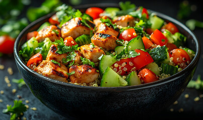 Grilled Chicken and Quinoa Salad with Tomatoes and Cucumber