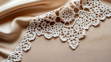 Delicate crochet lace adorns a beige satin fabric