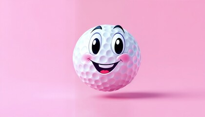 Smiling Golf Ball Cartoon Character Floating on Pink Background