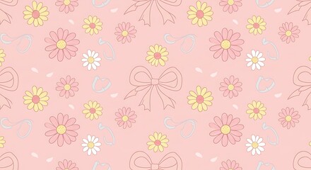 Sweet Pastel Floral Pattern Delightful Daisies And Bows AI Generated