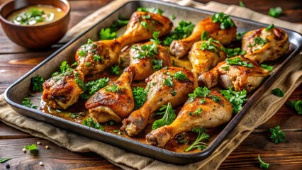 Fototapeta premium Delicious Baked Chicken Drumsticks with Fresh Herbs and Spices
