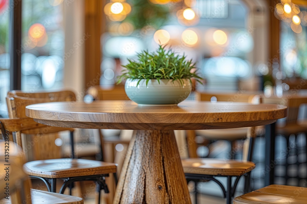 Poster sleek round oak table in bright inviting cafe with soft background and cheerful vibe
