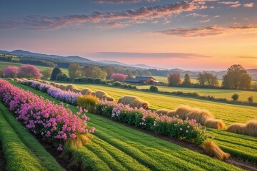 Fototapeta premium Scenic Rural Landscape with Vibrant Flowers and Neatly Trimmed Hay under a Peaceful Sunset Sky
