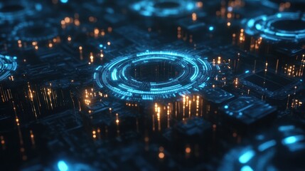 Obraz premium Illuminated futuristic circuit board showcasing technology and abstract digital designs