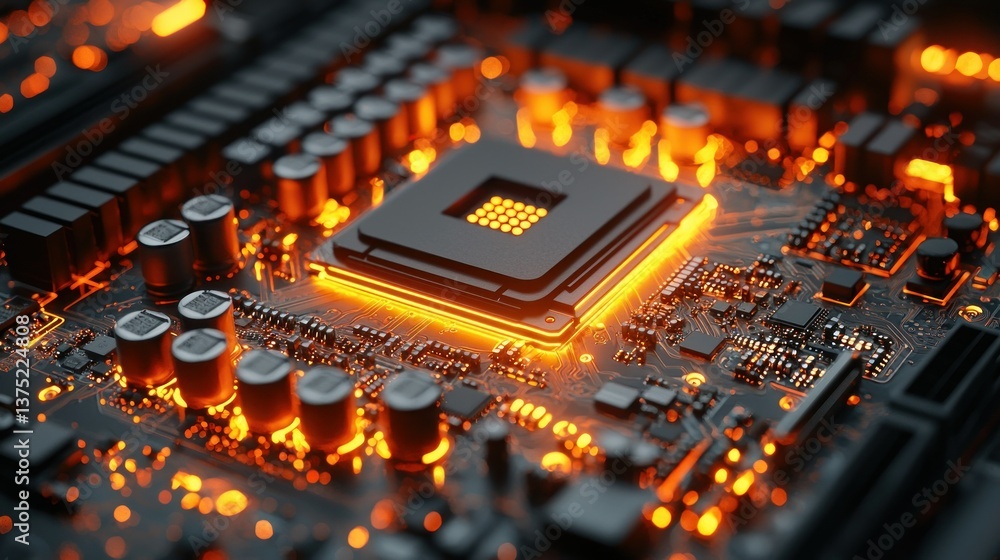 Poster glowing circuit board: a close-up of a computer motherboard's central processing unit