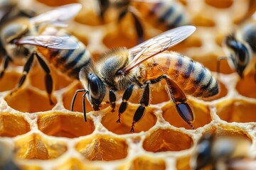 Bees in the Hive: A close-up shot of a honey bee on honeycomb