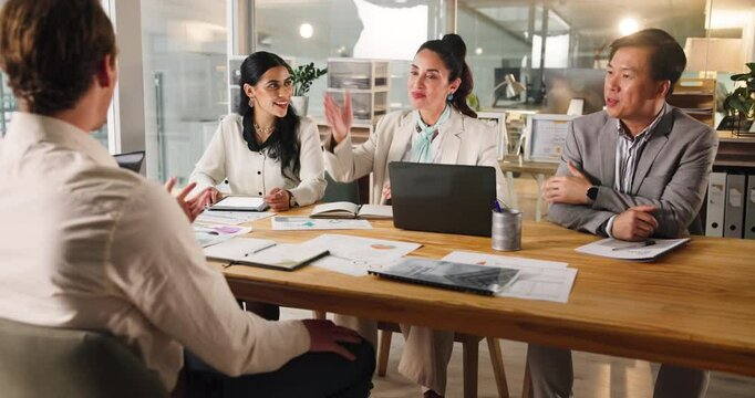 Handshake, interview and business people with applicant in office for recruitment process. Meeting, onboarding and man candidate with HR panel for shaking hands with job offer agreement for hiring.