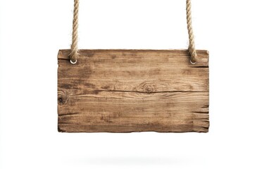 Rustic Wooden Sign Hanging with Rope on White Background
