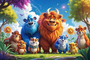 Colorful Animated Art with Friendly Animals and Bright Sunshine on Soft Canvas