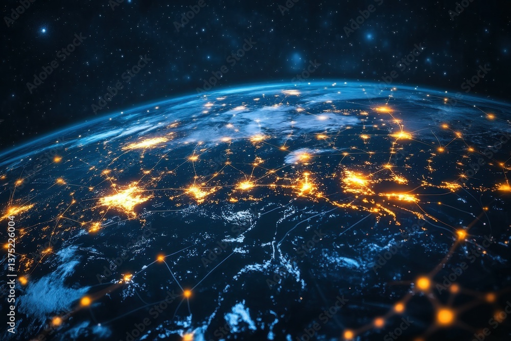 Poster illuminated earth from space: captivating view of earth, illuminated by the glow of city lights and 