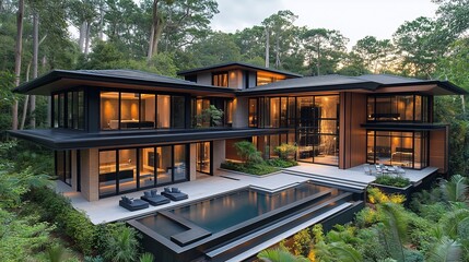 Fototapeta premium Modern Luxury House with Infinity Pool in Forest