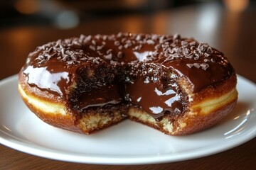 Decadent Delight: A close-up shot reveals a delicious donut on a white plate, cut in half to showcase its rich chocolate filling, sprinkles.
