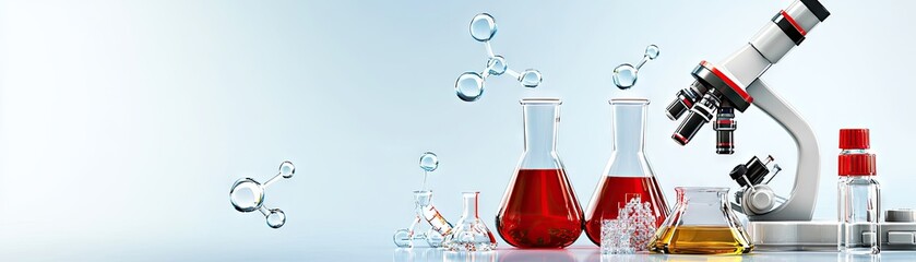 Lab science research microscope, beakers, liquid.  Website banner