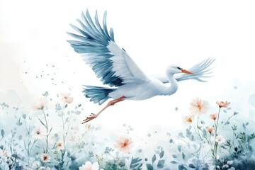Obraz premium A Soaring Crane above Wildflowers:A majestic crane gracefully soars above a field of delicate wildflowers in a serene landscape, showcasing nature's beauty and freedom.