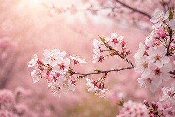Naklejka premium Delicate pink cherry blossoms blooming in soft sunlight, a gentle spring awakening in a dreamy pastel landscape.