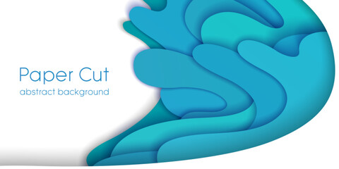 Layered blue paper cut waves abstract background. 3d effect papercut art with curvy flowing shapes. Topographic water texture or aquatic theme illustration. Modern design cutout style decoration.