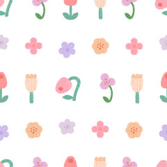 Crayon drawn seamless pattern with various spring flowers
