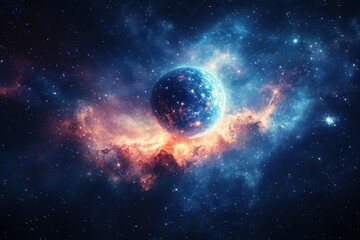 Obraz premium Celestial Sphere: A breathtaking cosmic spectacle showcases a planet engulfed in a swirling nebula. The colors are vibrant, the details are intricate, providing a sense of awe and wonder.