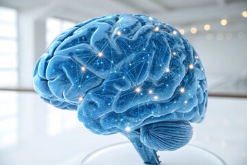 The illuminated mind's intricate network of connections, a breathtaking 3D model in cool blue tones.