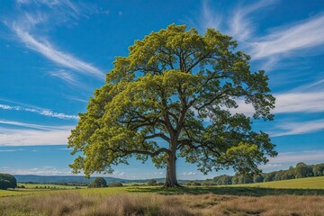 Obraz premium Lone Tree in Picturesque Countryside with Bright Blue Sky Background