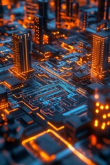 Futuristic Cityscape with Glowing Circuit Board Design at Night